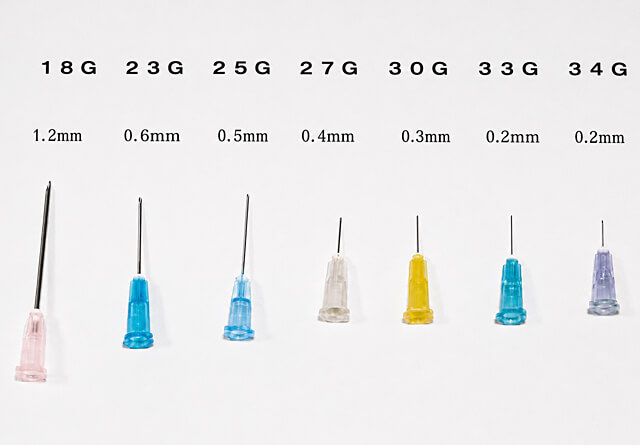 Needles for injection treatment. 18G, 23G, 25G, 27G, 30G, 33G and 34G (from the left)